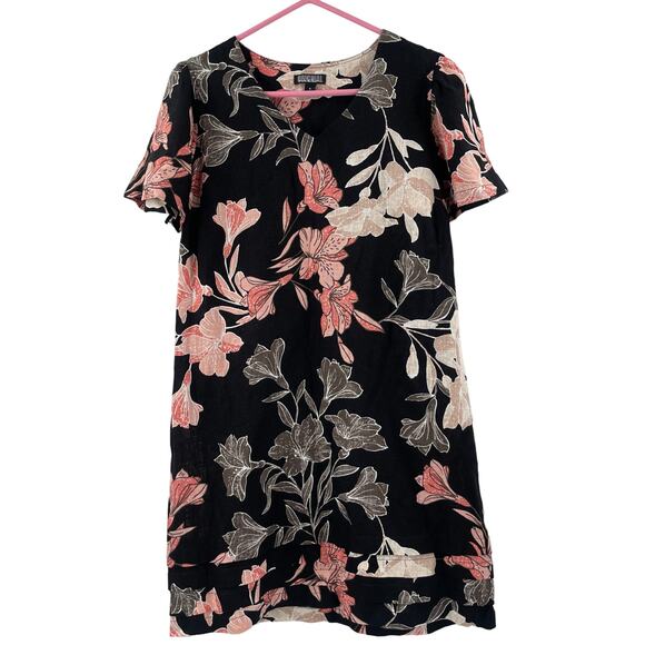 NICOLE MILLER Original Dress Size Small Floral Short Sleeve Linen Blend Black - Picture 1 of 15